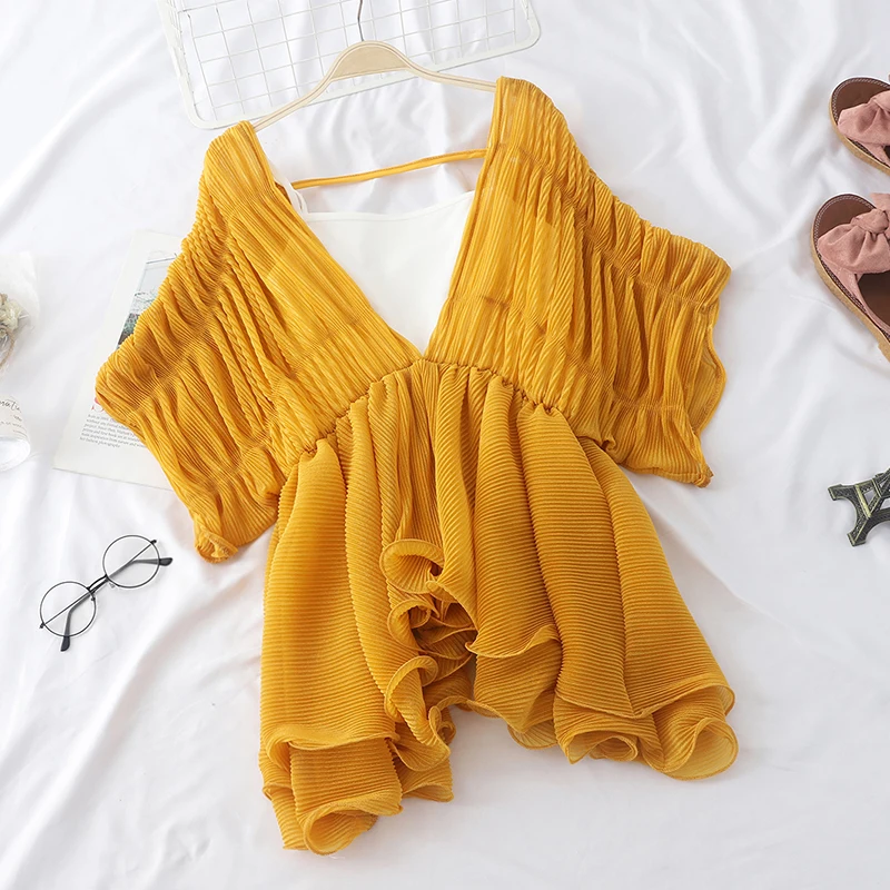 Summer Women Batwing Sleeve Deep V-Neck Irregular Ruffles Chiffon Shirt Sexy Lady Elastic Slim Waist Pullover Chic Blouse Tops
Summer Women Batwing Sleeve Deep V-Neck Irregular Ruffles Chiffon Shirt Sexy Lady Elastic Slim Waist Pullover Chic Blouse Tops