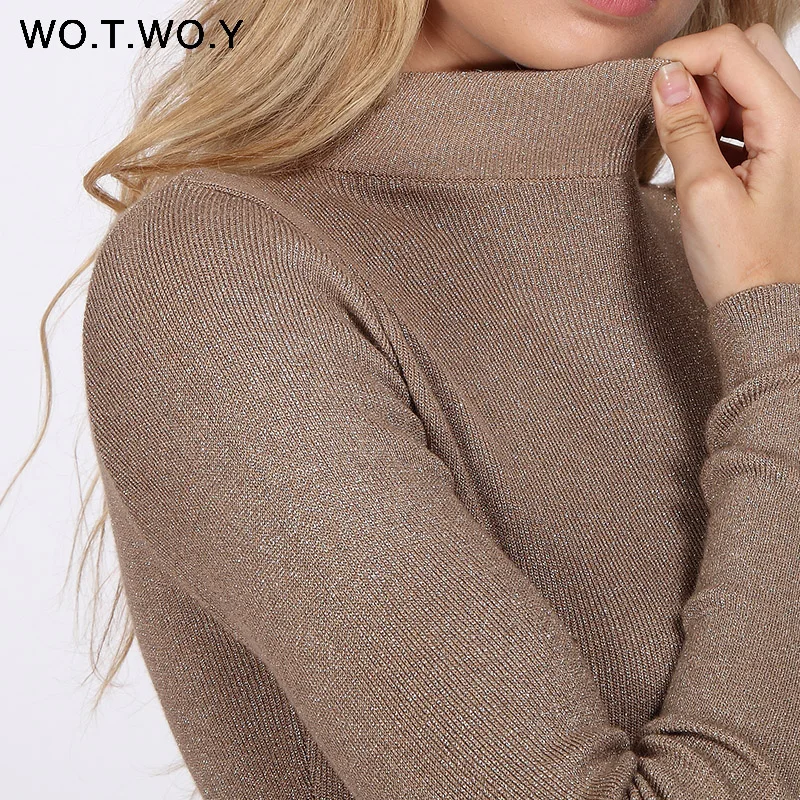 Вязаный свитер WOTWOY с люрексом Женский трикотажный пуловер облегающий