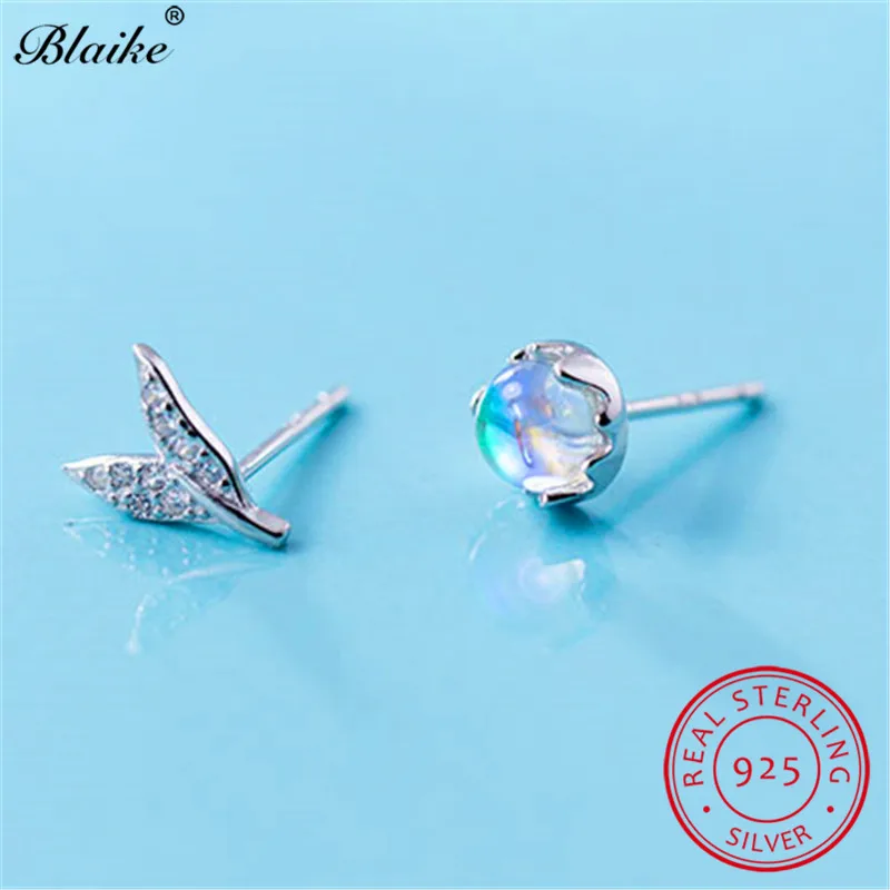 s925 Sterling Silver Mermaid Tail Earrings For Women Clear Glass Moonstone Small Crystal Fishtail Stud Jewelry | Украшения и