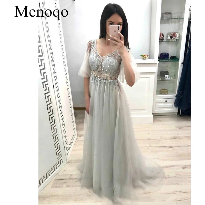 Menoqo Stylish Long Evening Dresses Beaded See Through Top A Line Tulle Prom Dress with Short Sleeves Elegant Party Gown
Menoqo Stylish Long Evening Dresses Beaded See Through Top A Line Tulle Prom Dress with Short Sleeves Elegant Party Gown