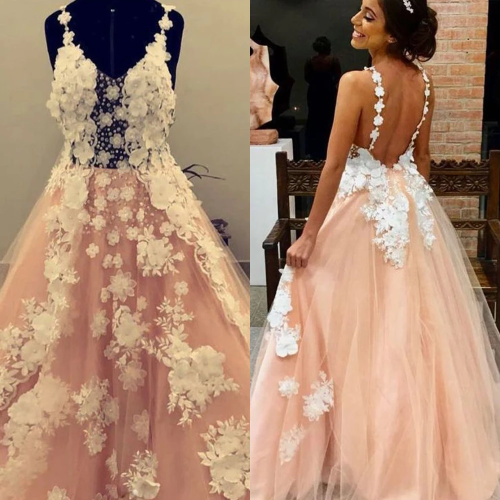 Pink Prom Dresses with Flowers Tulle Lace Appliques Backless Sexy Long Evening Dresses 2019
Pink Prom Dresses with Flowers Tulle Lace Appliques Backless Sexy Long Evening Dresses 2019