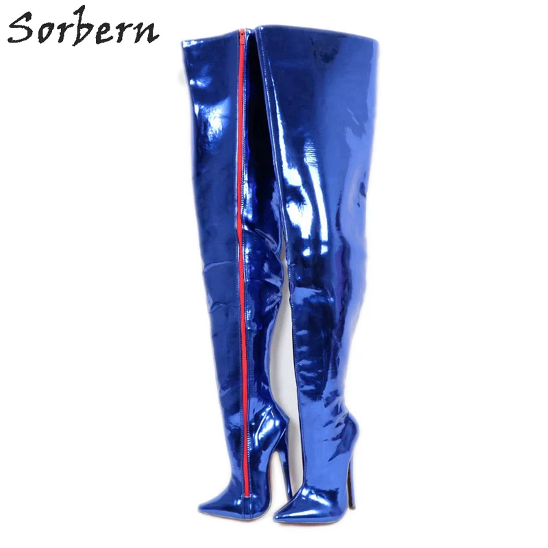 

Sorbern Custom Metallic Blue Boots Unisex Crotch Thigh High 18Cm / 12cm Spike High Heels Pointed Toe Red Zipper Fetish Boots