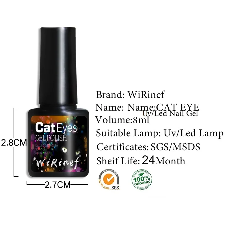 Верхнее покрытие WiRinef Magnet Cat Eyes объемом 8 мл с эффектом магнитной кошачьей глазки, блестящего цвета, ультрафиолетового геля, лака, магнитной палочкой, долговременного, снимаемого геля для ногтей.