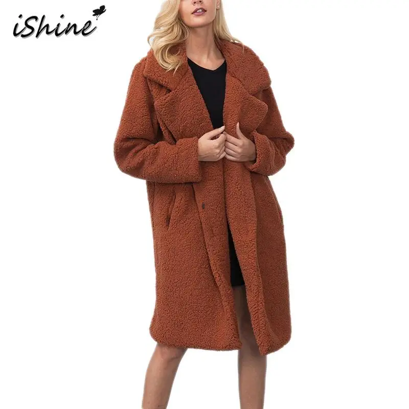 iSHINE Woman Woolen Coat Ladies Winter Warm Plush Faux Fur Suit Collar Long Thick Casual Outerwear Camel Hairy Overcoat | Женская одежда