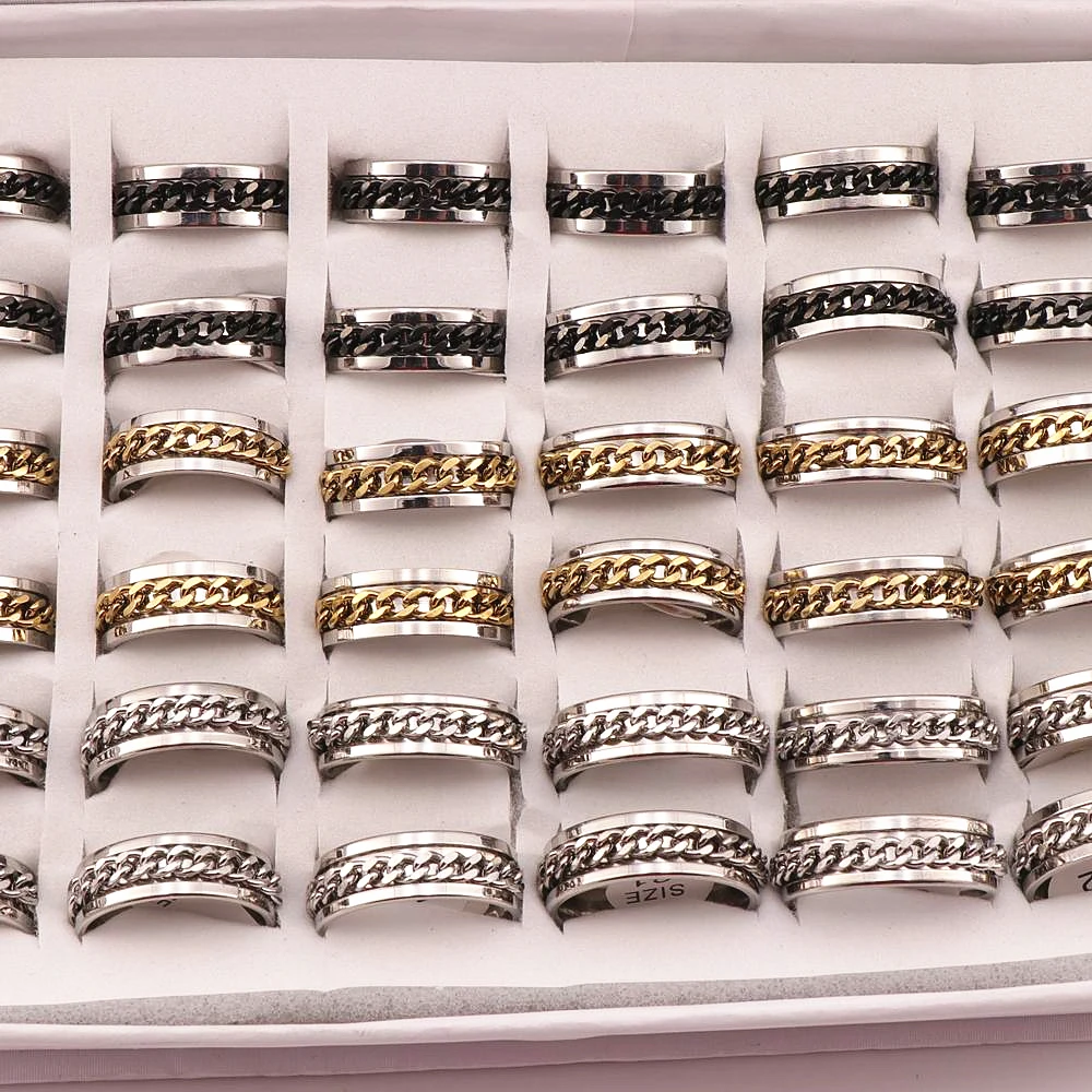 36 pcs/lot Mix Three Colors Rotation Chain Stainless Steel Rings Fashion Punk Rock Mens Ring Polished Inside
36 pcs/lot Mix Three Colors Rotation Chain Stainless Steel Rings Fashion Punk Rock Mens Ring Polished Inside
