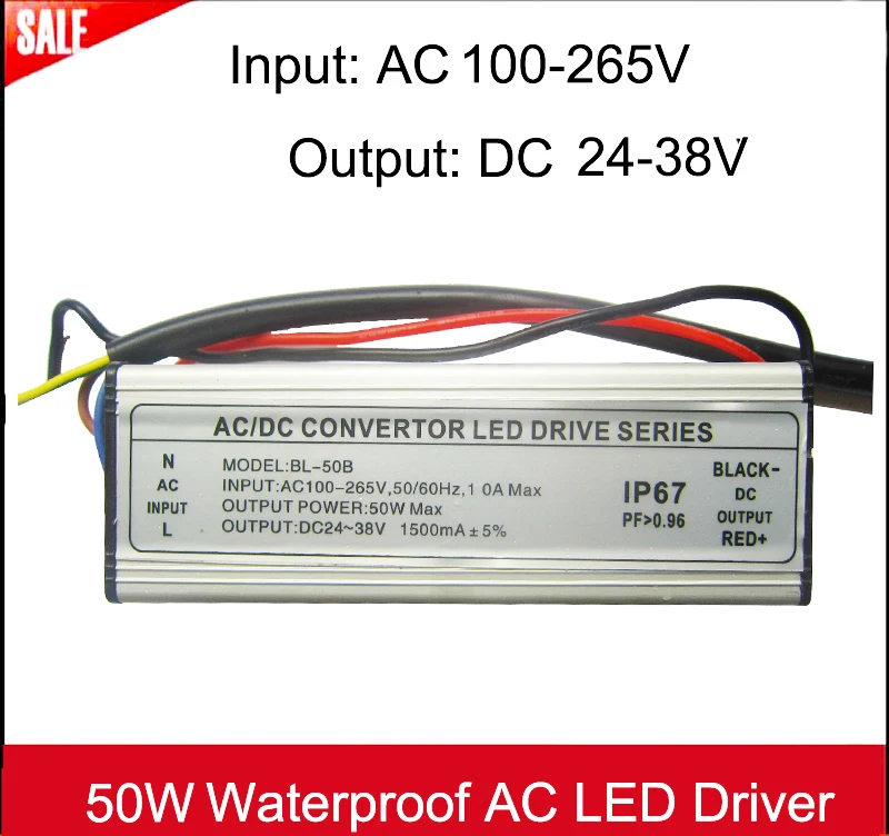 

1pcs High Power 50W Waterproof Input AC 100-265V Output DC 24-38V 1500mA LED Drivers Power Supply For LED Lights Beads Lamp