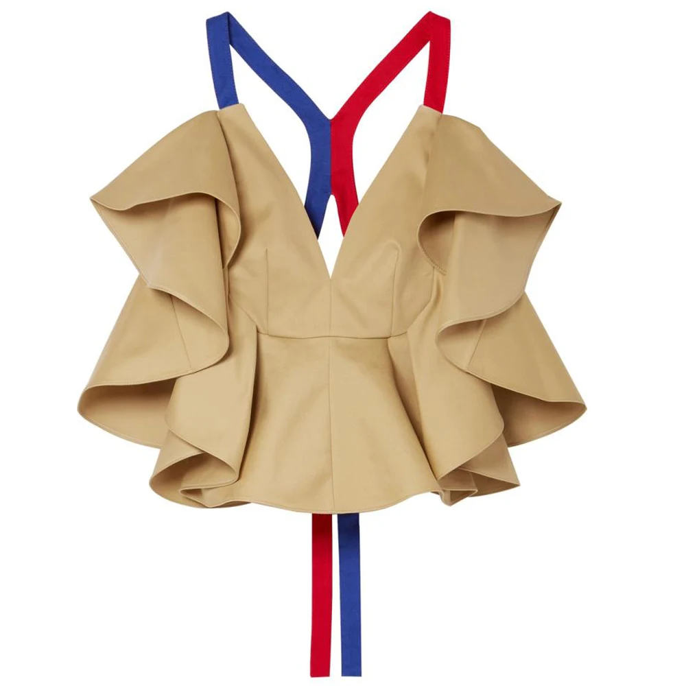 LXUNYI Newest Khaki Sexy Two Piece Set Summer 2019 Ruffles Crop Top And Skirt Women Lace Up V Neck Patchwork Female Sets Costume |
