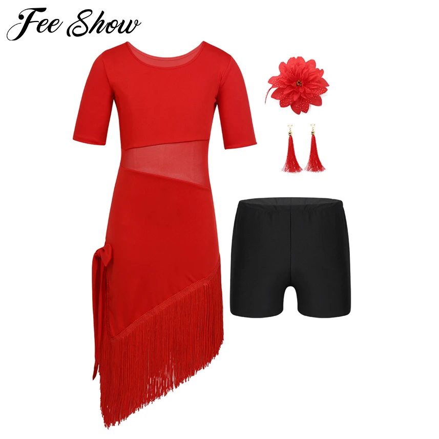 Teen Girls Dance Dress Mesh Splice Irregular Tassels Hem for Latin Ballroom Rumba Tango Performances Competition Costume | Детская