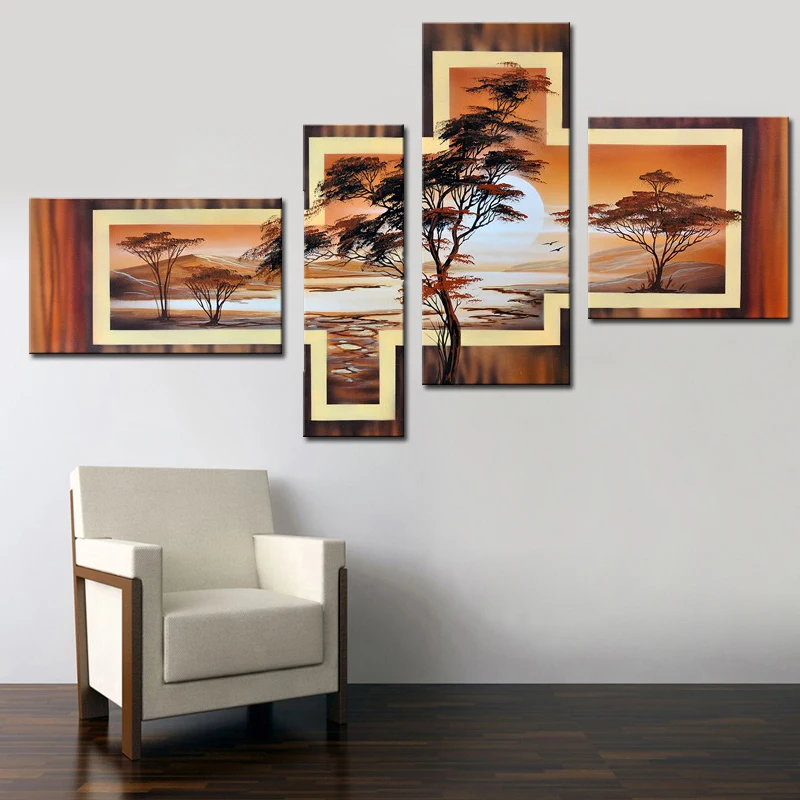 

Modern Yellow Abstract Africa Tree Sunrise Lake Oil Paintings Hand Painted 4 Panel Art Home Decor Wall Picture For Living Room