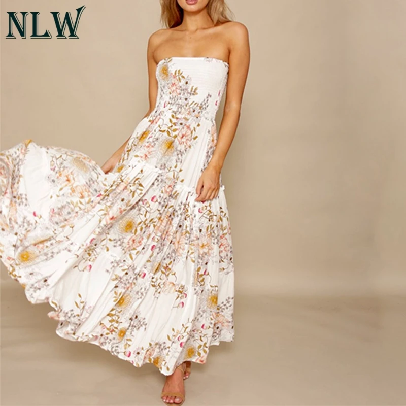 NLW белый цветочный принт с открытыми плечами платье оборками Boho без бретелек