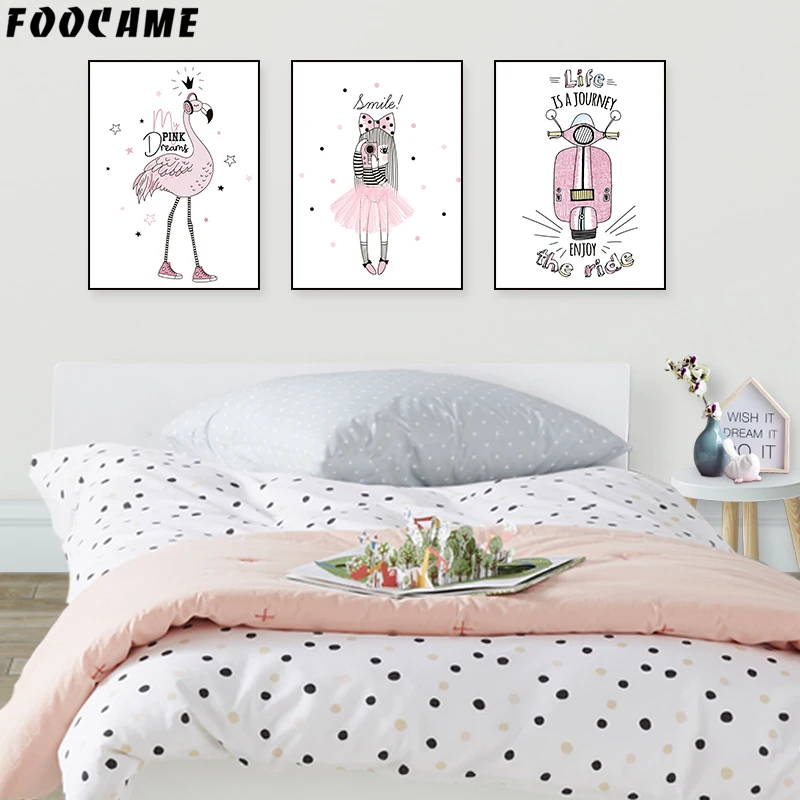 FOOCAME Flamingo Pink Girl Motorcycle Nordic Posters and Prints Nursery Wall Art Canvas Painting Decoration Pictures Kids Room | Дом и сад