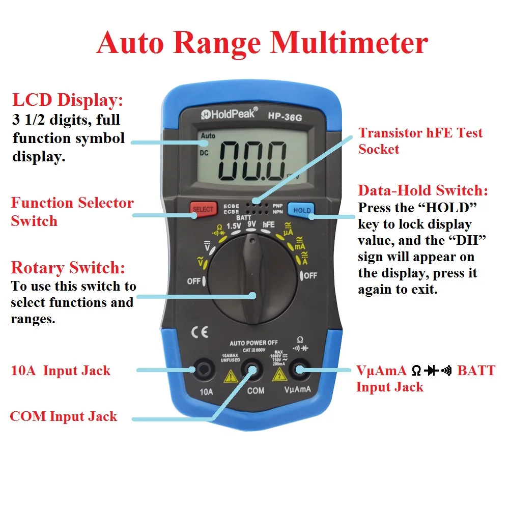 HoldPeak HP-36G Auto Range Digital Multimeter AC DC 200uA~10A Current Meter with Battery Test Function
HoldPeak HP-36G Auto Range Digital Multimeter AC DC 200uA~10A Current Meter with Battery Test Function