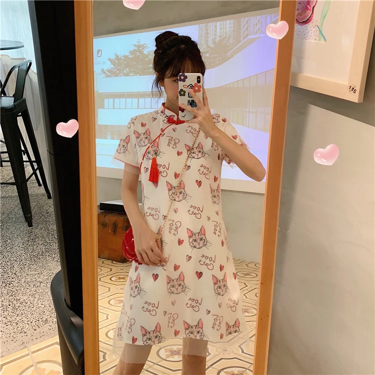 Chinese Cheongsam Style 2020 Summer Women Short Sleeves Cat Print Patchwork Mesh Dress Female Casual Dresses A1646
Chinese Cheongsam Style 2020 Summer Women Short Sleeves Cat Print Patchwork Mesh Dress Female Casual Dresses A1646