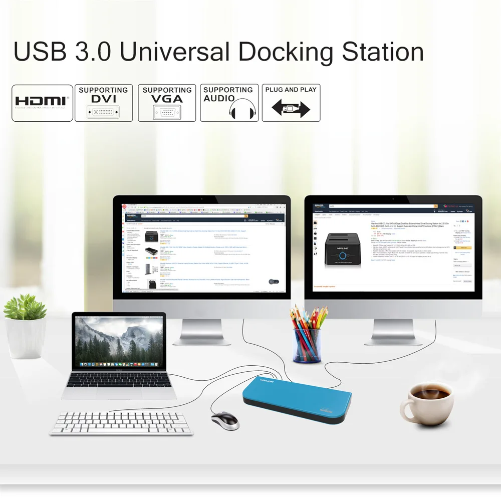 Универсальная док станция WAVLINK USB3.0 для ноутбука двойной видеомонитор Поддержка