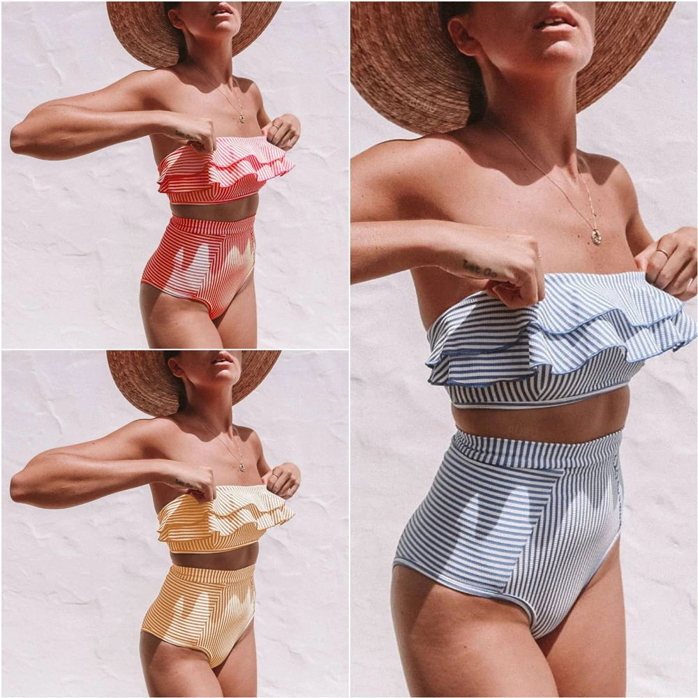 

Sexy Bandeau Stripe Swimwear Women High waist Bikini push up Ruffles Swimsuit Monokini Mujer Trikini Maio Biquini Maillot femme