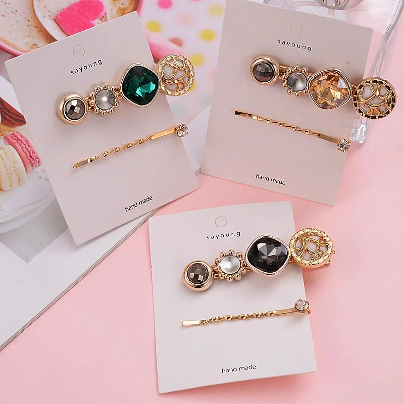 New 2Pcs/set Fashion Korea Style Hair Clip Metal Gold Crystal Women Hairpin Girls Barrette Hairband Accessories | Аксессуары для
