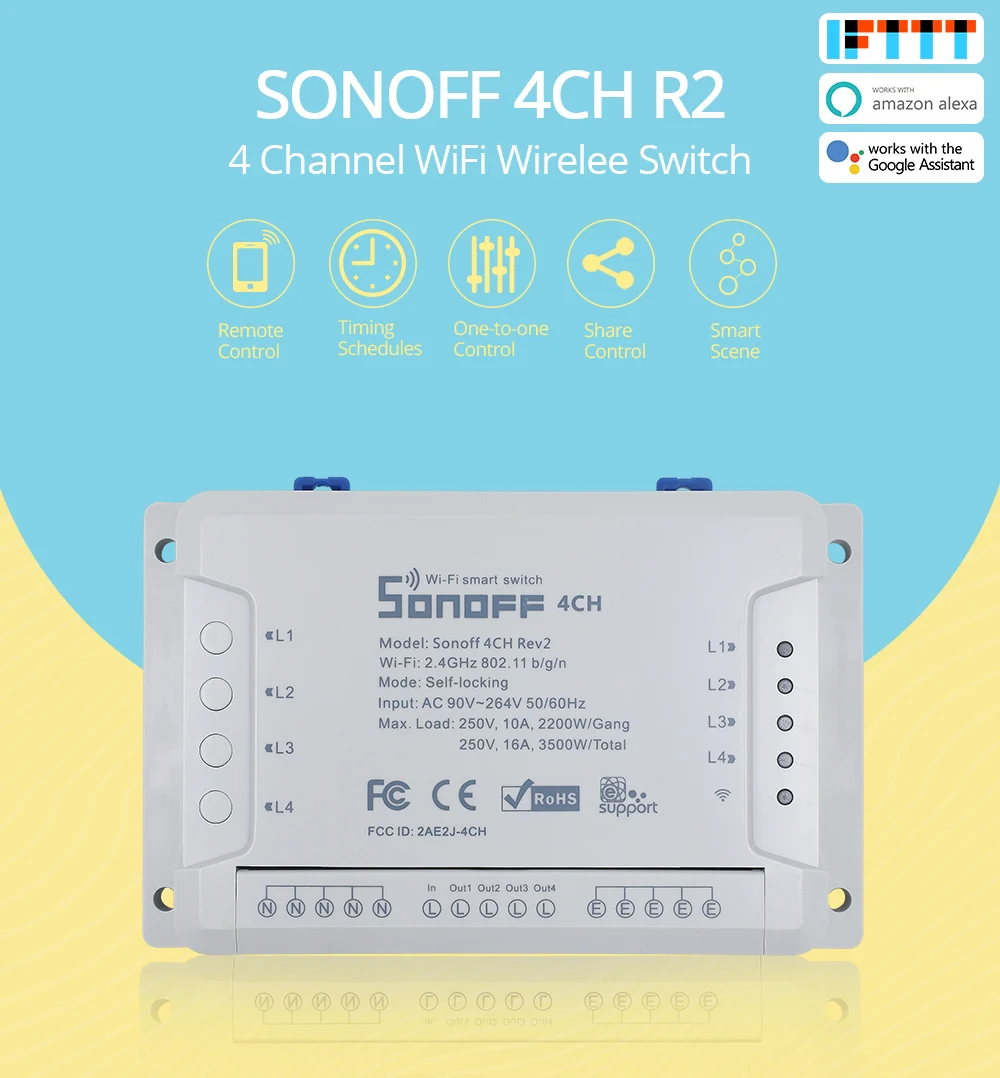 SONOFF 4CH R2 4 Gang/Channel беспроводной переключатель света Wifi Пульт дистанционного управления 4 устройства 10А/2200 Вт умный дом автоматизация Alexa/Google
SONOFF 4CH R2 4 Gang/Channel беспроводной переключатель света Wifi Пульт дистанционного управления 4 устройства 10А/2200 Вт умный дом автоматизация Alexa/Google