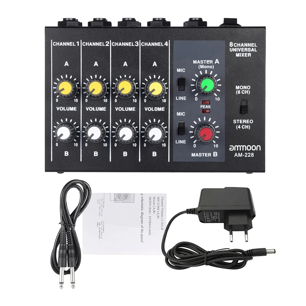 ammoon AM-228 Ultra-compact Mixing Console Low Noise 8 Channels Metal Mono Stereo Audio Sound Mixer with Power Adapter Cable
ammoon AM-228 Ultra-compact Mixing Console Low Noise 8 Channels Metal Mono Stereo Audio Sound Mixer with Power Adapter Cable