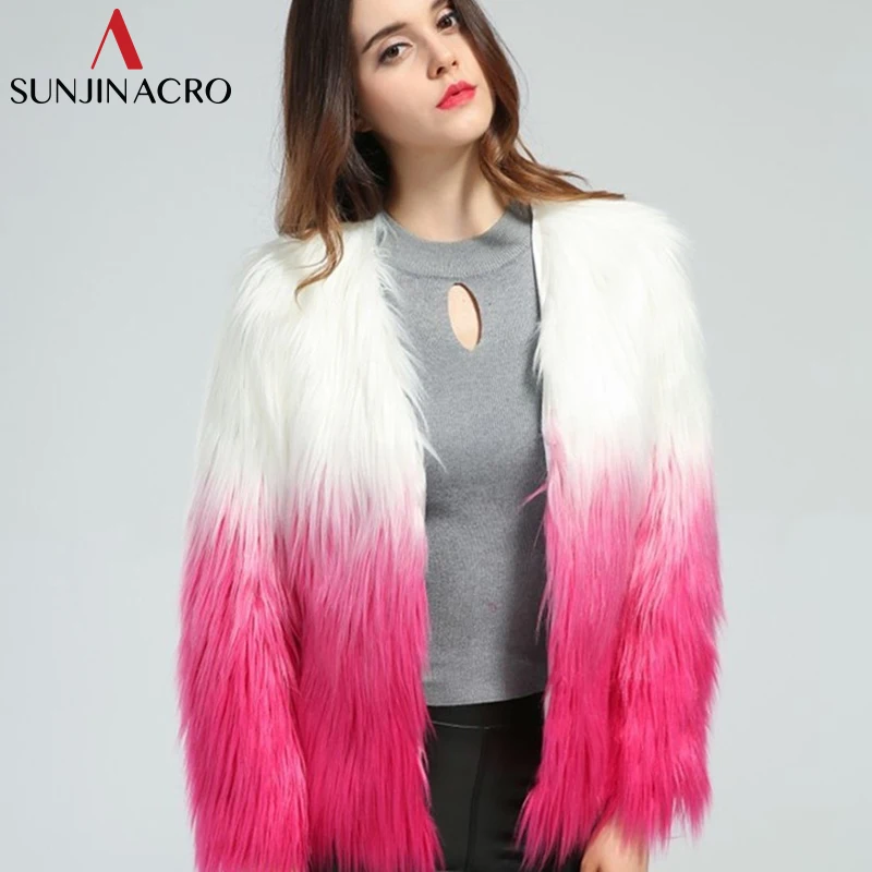 SUNJINACRO розовый цвет смешанный искусственный мех пальто для женщин плюс размер