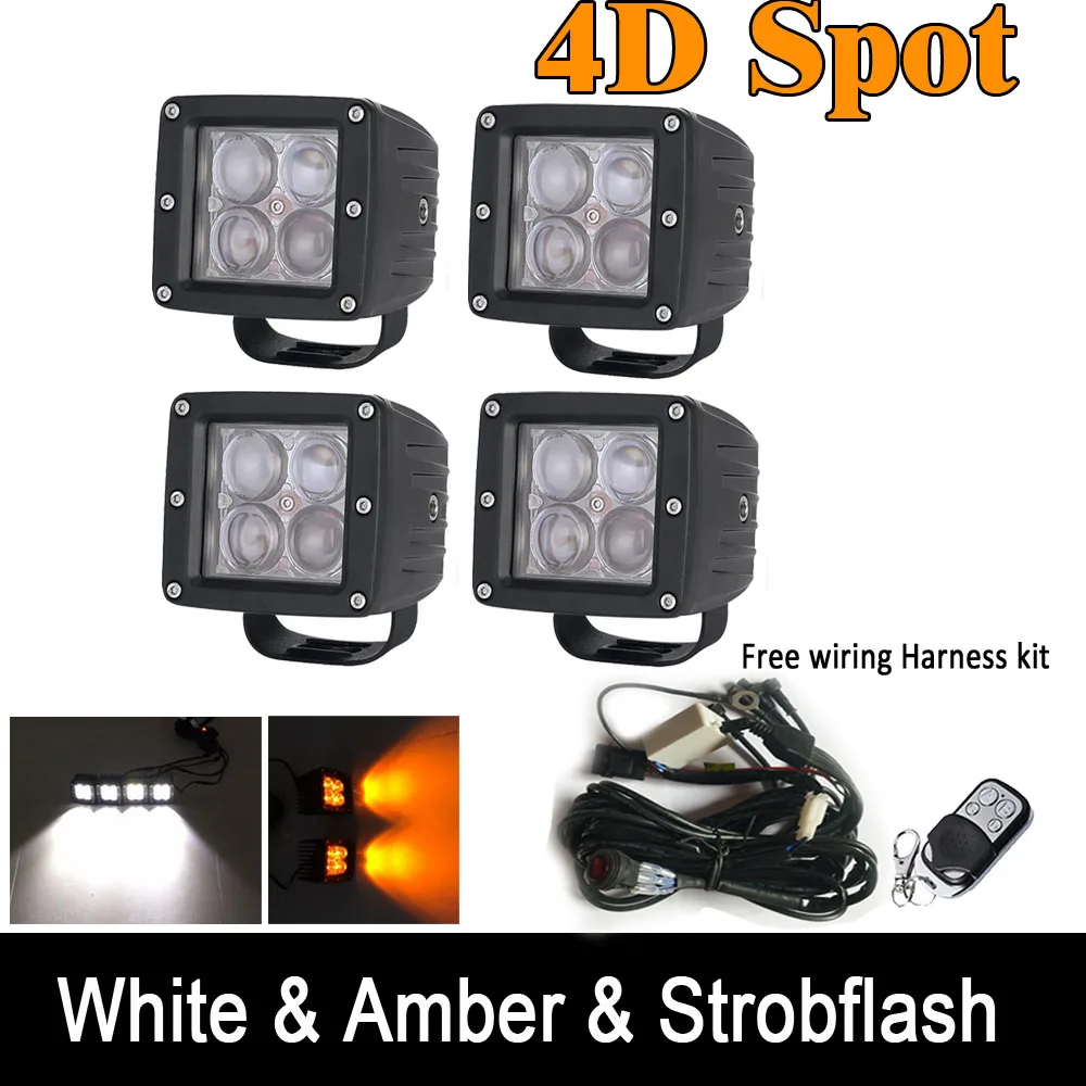 

4pcs/Set 4D LED Work Light Cube 3" Square Pods Dual Color Switched White & Amber/Red/Blue/Green Strobeflash Warning Offroad SUV