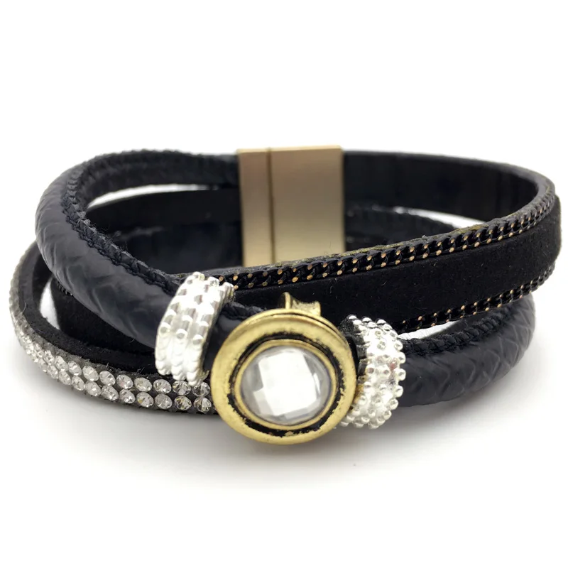 LEMOER Brand 3 Layer Slake Leather Bracelet with Gem Crystal Magnetic Wristband Jewelry for women men Party Pulseras Mujer | Украшения и