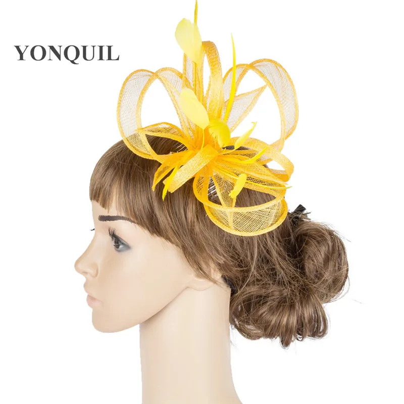 yellow bridal millinery sinamay fascinators hair comb fashion feather accessories popular occasion headwear women party hat |