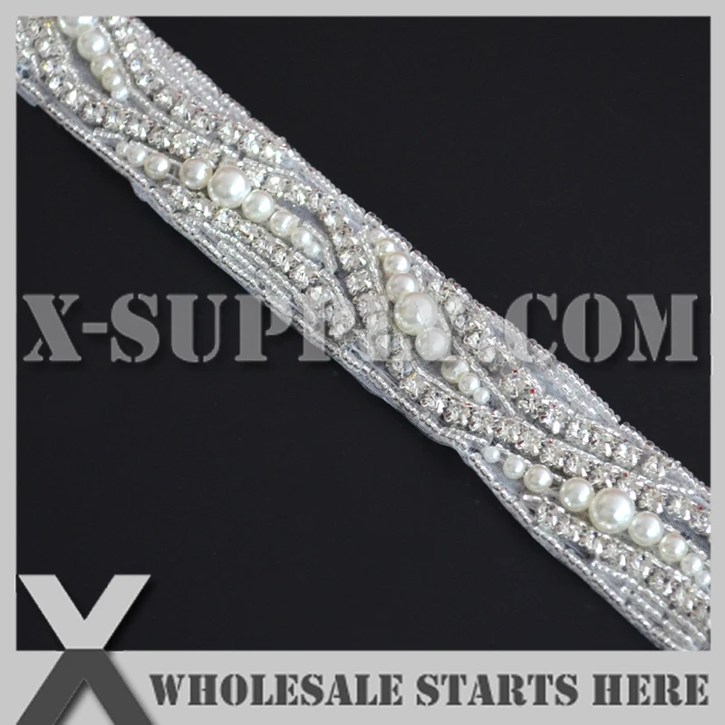 

(3cm Width) Nydia Rhinestone Applique Beaded Trim for Wedding Bridal Sash,Headband and Shoe/Wholesale Bulk