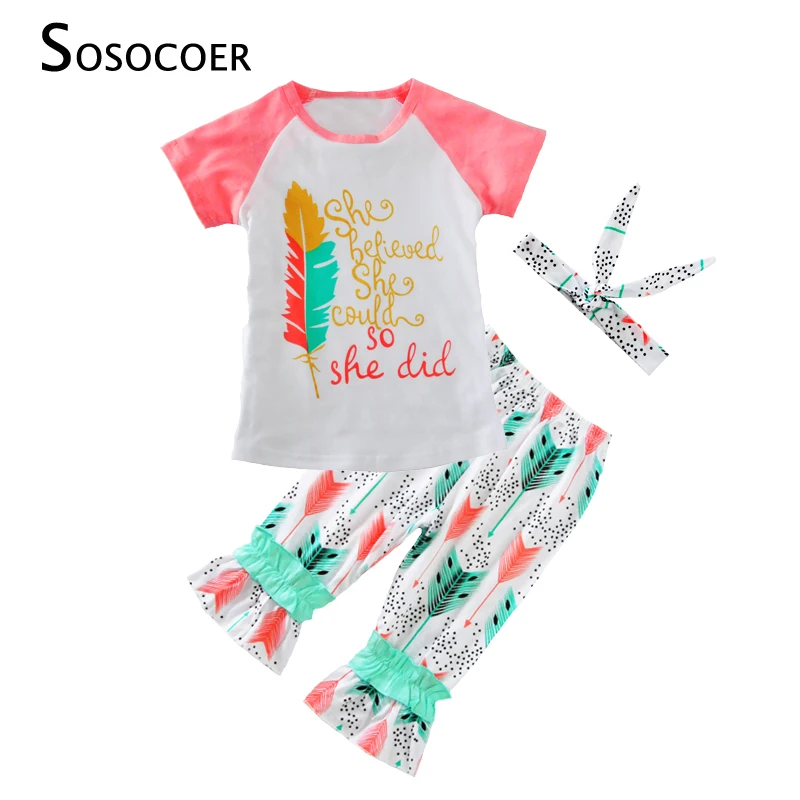 

SOSOCOER Baby Girls Clothing Set 3pcs Cute Letter T Shirt+Feather Pants+Polka Dot Headband Summer Kids Girl Clothes Sets Outfits