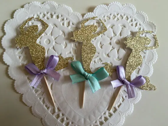 

glitter Aqua Gold Lavender Mermaids Cupcake Toppers Under the Sea birthday bachelorette wedding baby bridal shower toothpicks