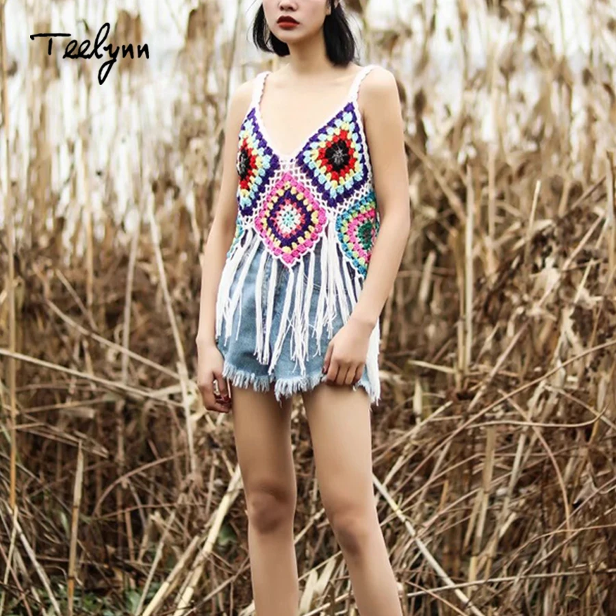 Женская пляжная одежда TEELYNN boho винтажный черный вязаный Топ с цветочным принтом