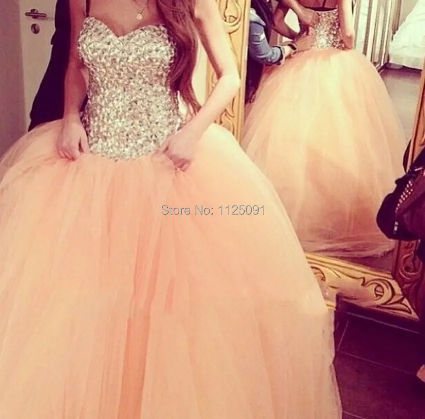 

Fast Shipping Gorgeous Sparkly Rhinestone Puffy Tulle Peach Balls Gowns Prom Dresses Debutante Engagement Dress Custom Made