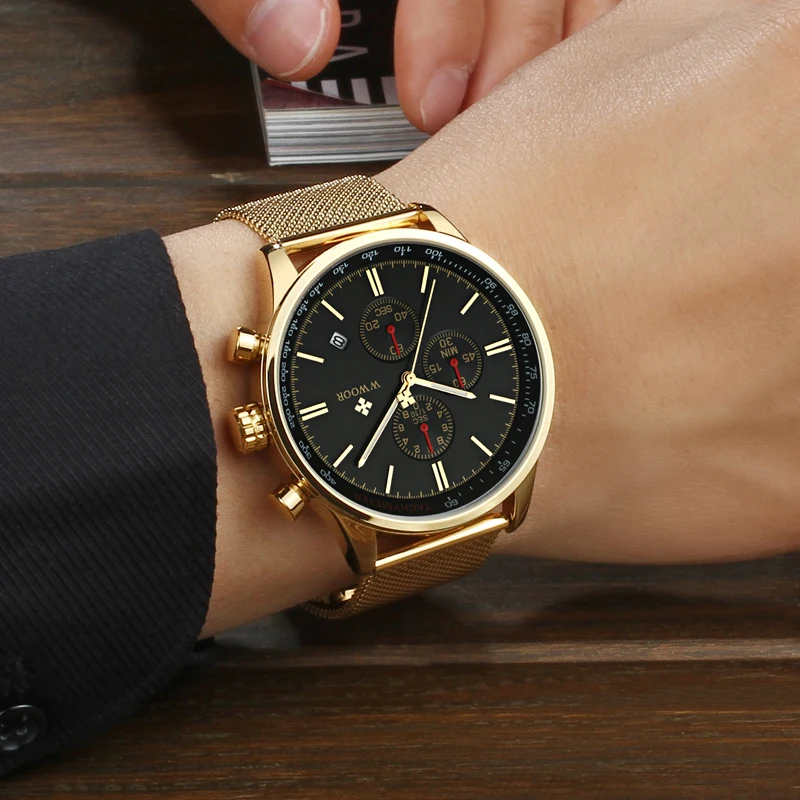 WWOOR мужские золотые часы Кварцевые водонепроницаемые наручные с хронографом 50 м