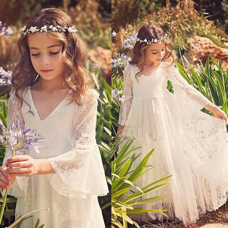 2019 White Lace Princess Communion Dresses for Girls Sheer Long Sleeves Boho Flower Girl Dress for Wedding Beach Pageant Dress
2019 White Lace Princess Communion Dresses for Girls Sheer Long Sleeves Boho Flower Girl Dress for Wedding Beach Pageant Dress