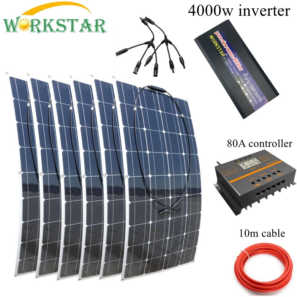 WORKSTAR 6*100W Flexible Solar Panels 12V Solar Charger For RV/Boat Car 600w Solar System Kit With 4000w Pure Sine Inverter
WORKSTAR 6*100W Flexible Solar Panels 12V Solar Charger For RV/Boat Car 600w Solar System Kit With 4000w Pure Sine Inverter