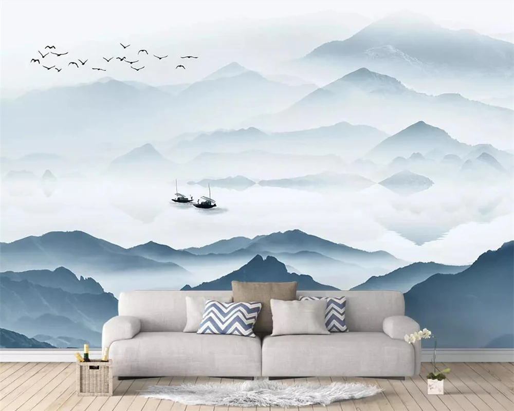 Фото Настенные обои Beibehang с китайскими абстрактными синими чернилами пейзаж гостиная