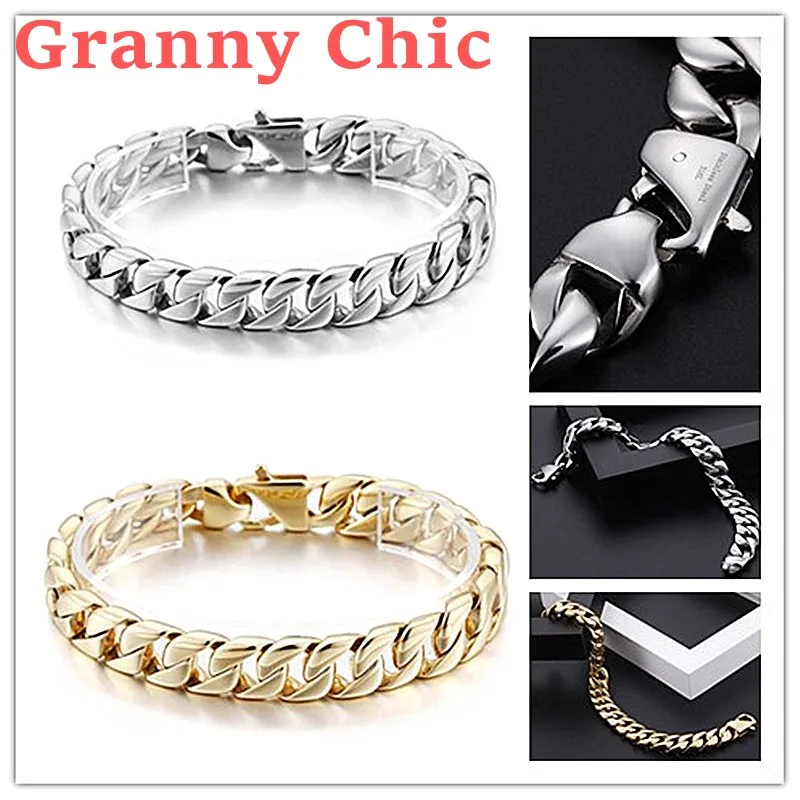 

Granny Chic новый очаровательный браслет длиной 9 дюймов золотого цвета с панцирным звеном, браслет из нержавеющей стали 316L, мужские украшения ун...