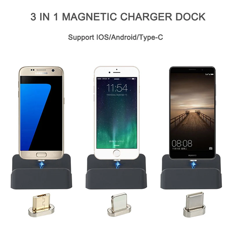 Магнитная адсорбционная док-станция 3 в 1 Type-C / Micro USB/IOS настольная зарядная