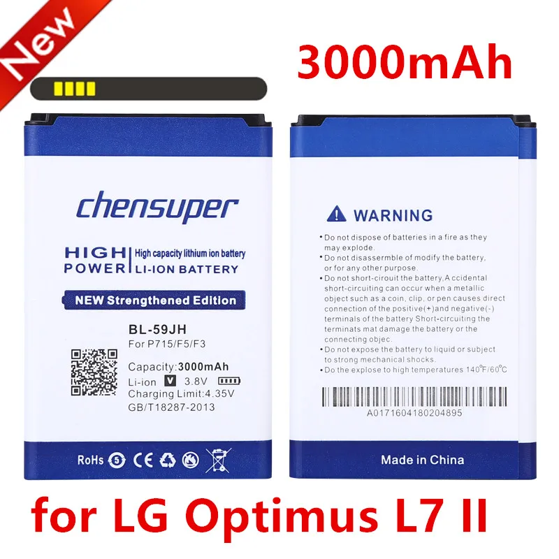 2PCS/3000mAh BL-59JH Phone Battery BL 59JH Li-ion Battery For LG Optimus L7 II Dual P715 / F5 / F3 / VS870 / Ludid2 P703
2PCS/3000mAh BL-59JH Phone Battery BL 59JH Li-ion Battery For LG Optimus L7 II Dual P715 / F5 / F3 / VS870 / Ludid2 P703