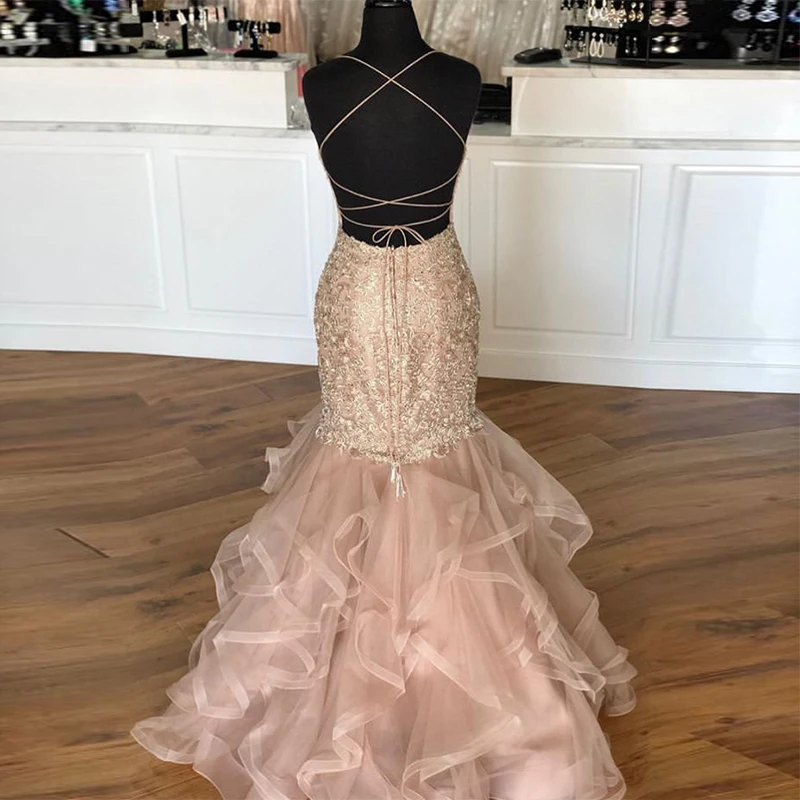Mermaid Prom Dresses Spaghetti Straps Crisscross Back Sexy vestidos de fiesta Tiered Tulle Skirt Formal Evening Party Gowns
Mermaid Prom Dresses Spaghetti Straps Crisscross Back Sexy vestidos de fiesta Tiered Tulle Skirt Formal Evening Party Gowns