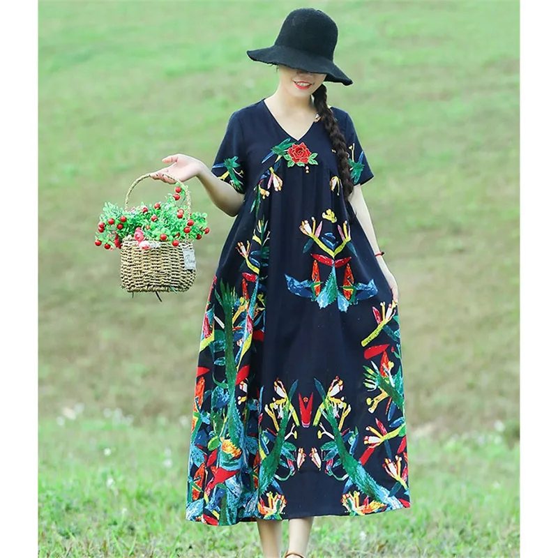 Ethnic Style Dress 2019 Summer New Long V-Neck Short-Sleeved Loose Waist Print Retro Literary Dress Women's Cotton Casual Dress 
Ethnic Style Dress 2019 Summer New Long V-Neck Short-Sleeved Loose Waist Print Retro Literary Dress Women's Cotton Casual Dress