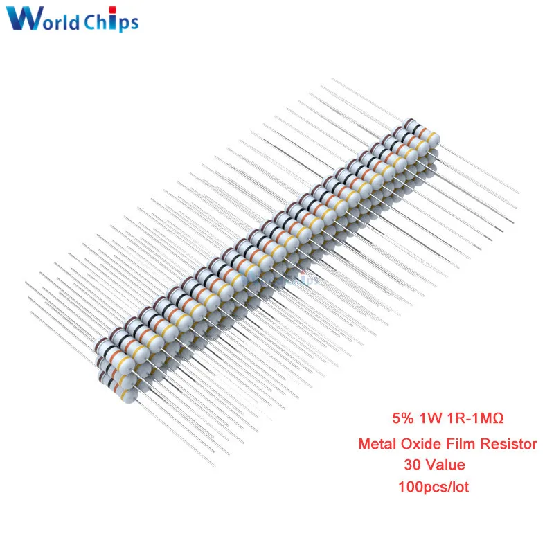 100 шт. 1R 4.7R 10R 100R 220R 1K 2 K 4 7 6 8 10K 22K 47K 100K 470K 1MΩ сопротивление 5% 1 Вт 1R-1MΩ металлоксидный