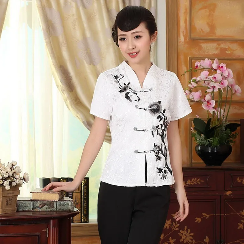

Белая женская рубашка с V-образным вырезом, топ, Китайская классическая женская хлопковая блузка с цветочной вышивкой, блуза, размеры S, M, L, XL,...