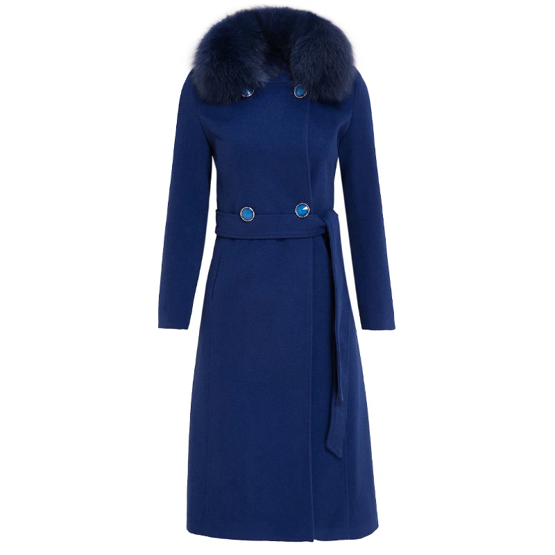 Женское шерстяное пальто зимнее облегающее двубортное с большим меховым