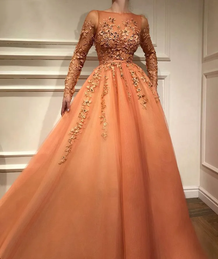 Orange Muslim Evening Dresses Plus Size Scoop Neckline Long Sleeves Evening Gown Lace Beaded Tulle A-Line Formal Party Dress
Orange Muslim Evening Dresses Plus Size Scoop Neckline Long Sleeves Evening Gown Lace Beaded Tulle A-Line Formal Party Dress
