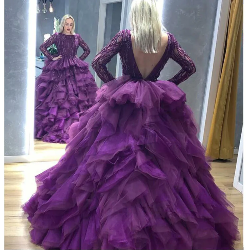 Purple Ball Gown Evening Dresses Long Sleeve Backless Beading Sequined Evening Gown Tiered Tulle Skirt Special Occasion Dress
Purple Ball Gown Evening Dresses Long Sleeve Backless Beading Sequined Evening Gown Tiered Tulle Skirt Special Occasion Dress