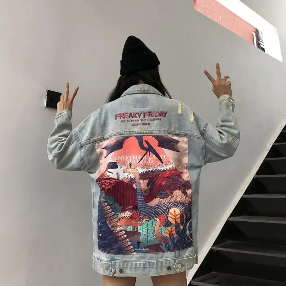 

Harajuku Fashion Spliced Cartoon Dinosaur Denim jacket Women's clothing Light color Spring Casual Long Jacket Streetwear Styles