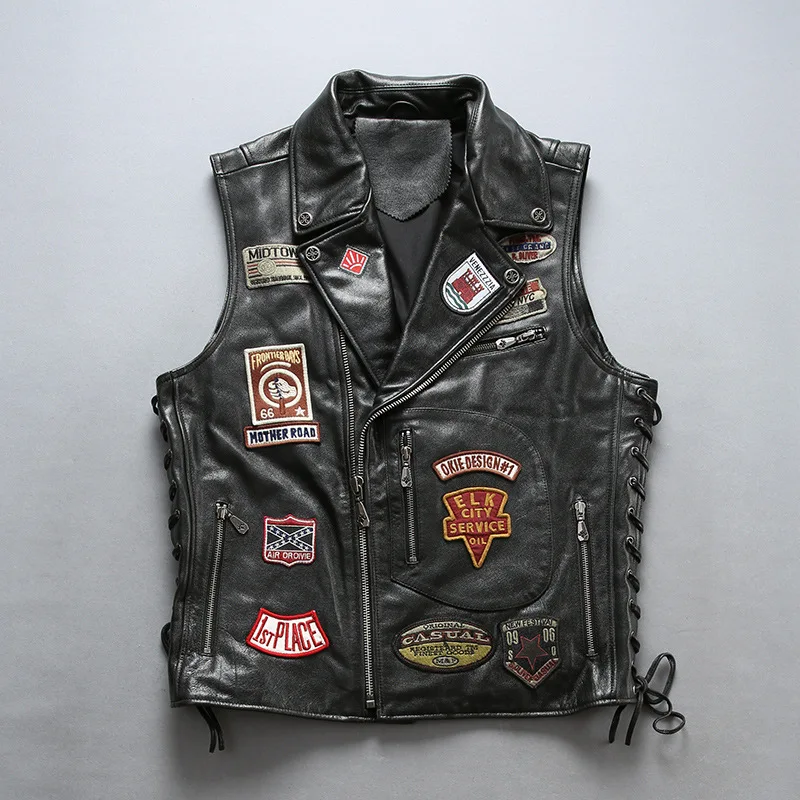 Embroidery Cow Skin Vests Men Good Quality Turn-down Collar Cowhide Leather Stylish Rider Vest Real Leather Vest Asian Size
Embroidery Cow Skin Vests Men Good Quality Turn-down Collar Cowhide Leather Stylish Rider Vest Real Leather Vest Asian Size