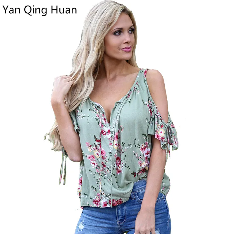 Yan Qing Haun Summer2019 New Off-the-shoulder V-neck Floral Print Short-sleeved T-shirt Loose Bow Tie Casual Street Women's Tops
Yan Qing Haun Summer2019 New Off-the-shoulder V-neck Floral Print Short-sleeved T-shirt Loose Bow Tie Casual Street Women's Tops