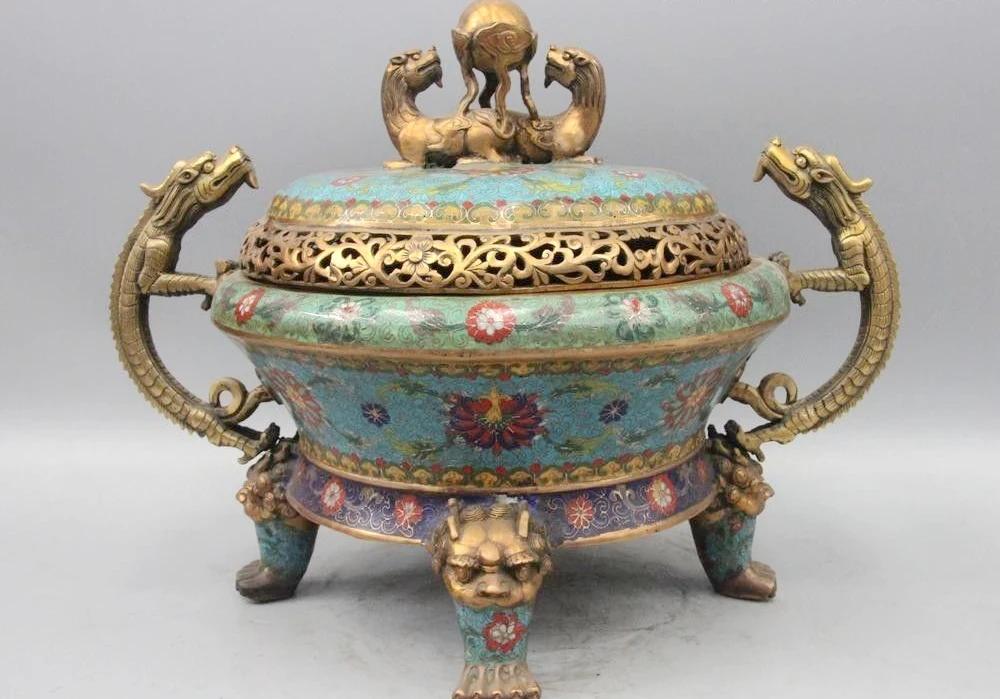 15" Chinese Bronze Cloisonne Foo Dog Lion Dragon Play Bead Incense Burner Censer
15" Chinese Bronze Cloisonne Foo Dog Lion Dragon Play Bead Incense Burner Censer