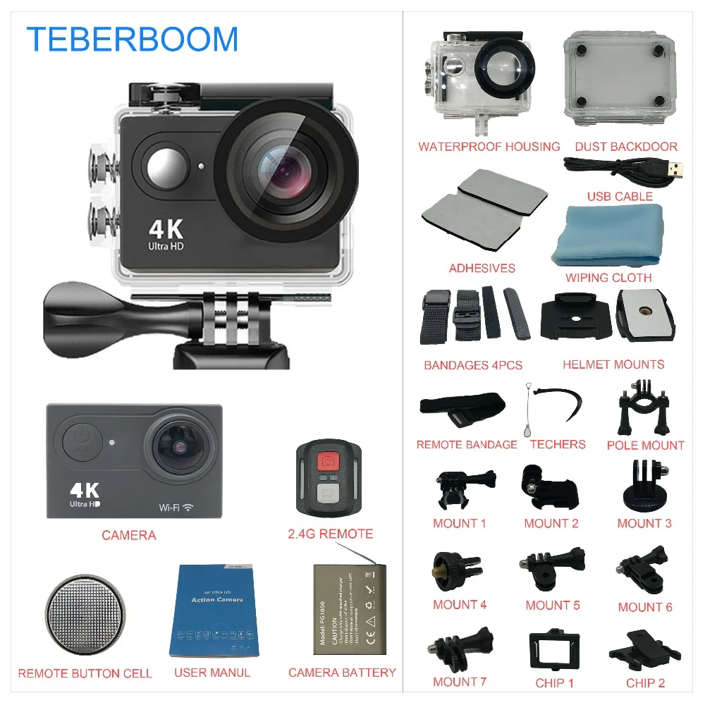 Экшн камера TEBERBOOM H9S Ultra HD 4 k WiFi 1080 p 30 m waterproof|Экшн-камеры| |